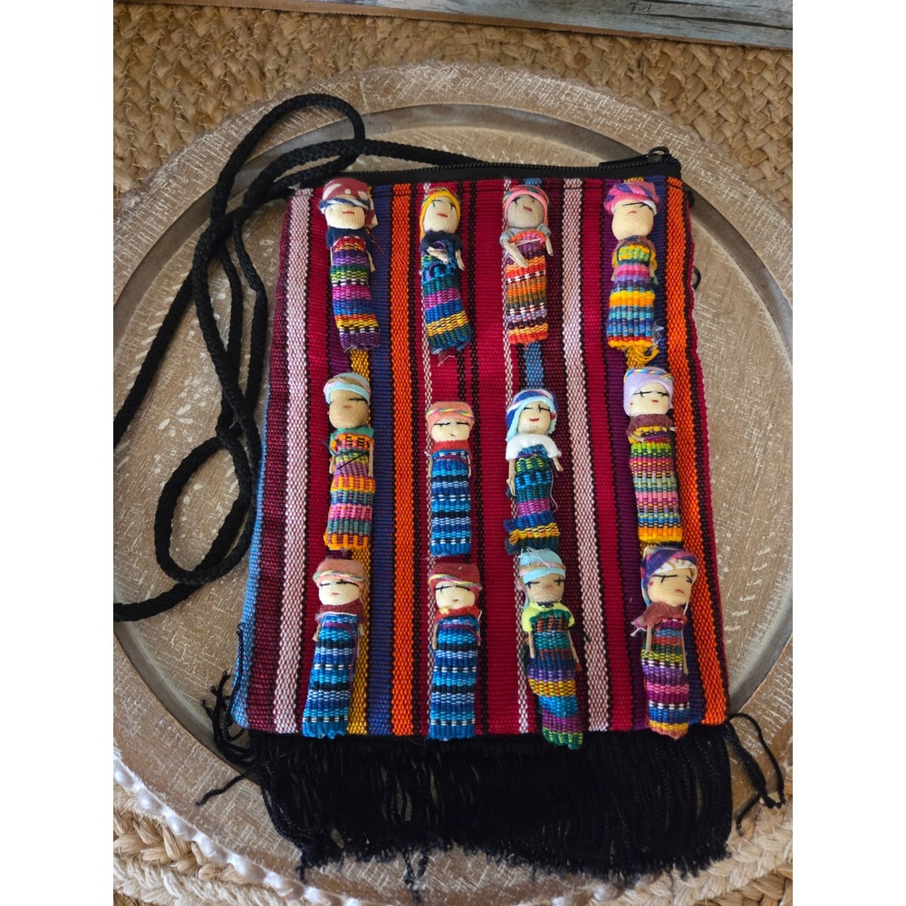 Handmade Guatemalan Worry‎ Doll Crossbody Bag Striped Woven Boho Fringe Purse